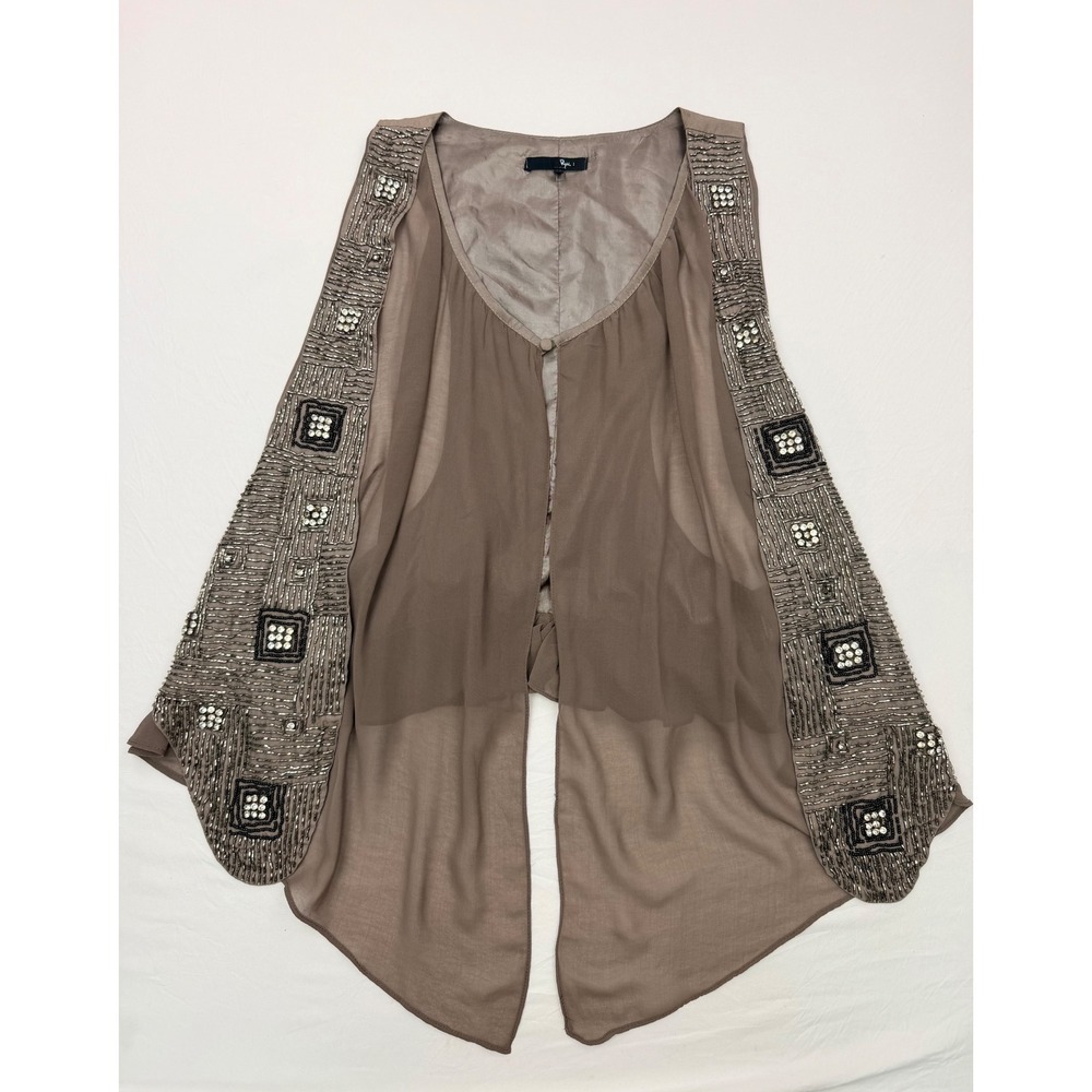 Ryu Anthropologie Embellished Sheer Beaded Open Front Vest Jacket Gray Taupe M
